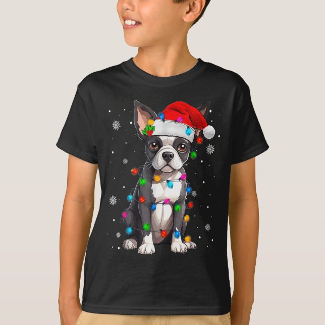 Boston Terrier Christmas Santa Hat Tree Lights Paj T Shirt (Framsida)