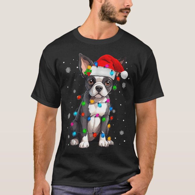 Boston Terrier Christmas Santa Hat Tree Lights Paj T Shirt (Framsida)