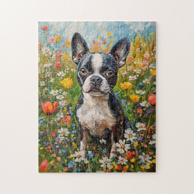 Boston Terrier Colorful Wildblomma Fält Pussel (Vertikal)