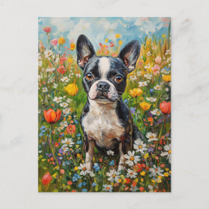 Boston Terrier Colorful Wildblomma Fält Vykort