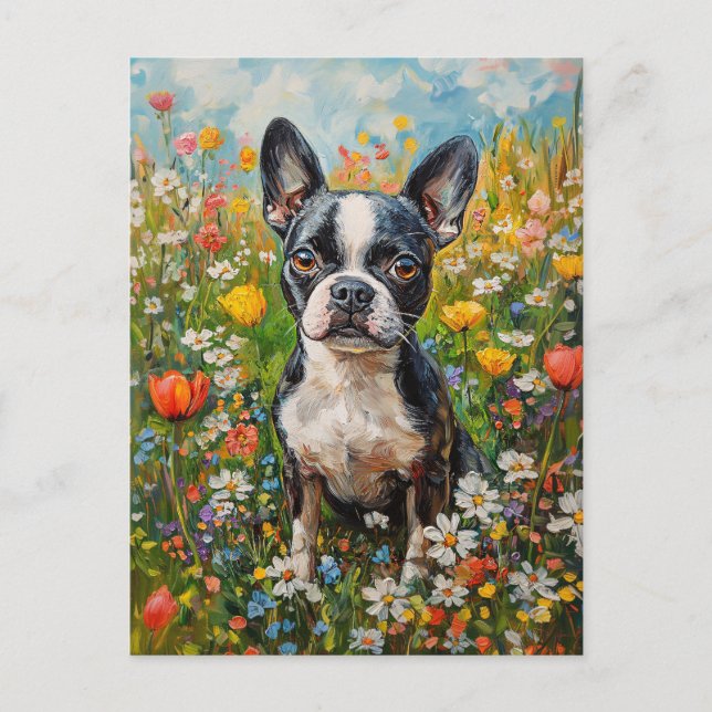 Boston Terrier Colorful Wildblomma Fält Vykort (Framsida)