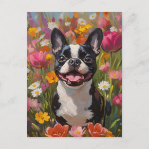 Boston Terrier Colorful Wildblomma Fält Vykort