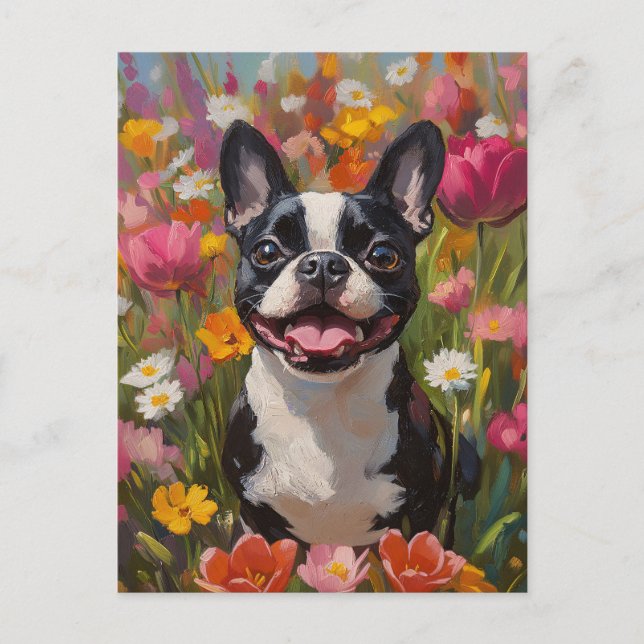 Boston Terrier Colorful Wildblomma Fält Vykort (Framsida)