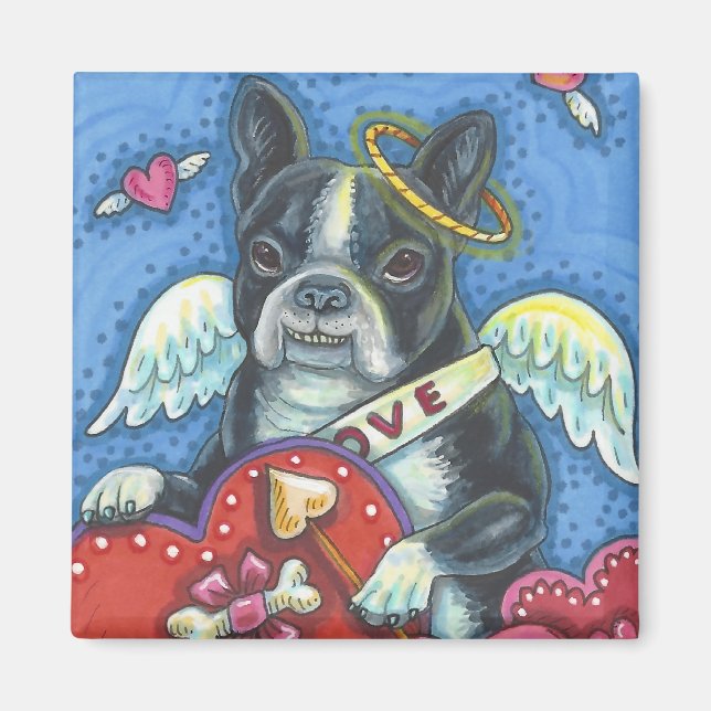 Boston Terrier Cupid HUND VALENTINE MAGNET Square (Framsidan)