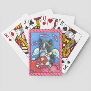 BOSTON TERRIER CUPID, HUND VALENTINE ROSA POKER CASINOKORT