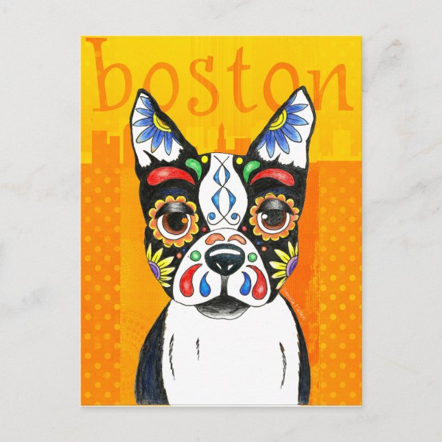 Boston Terrier Day of the dead Vykort (Framsida)