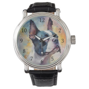 Boston Terrier Digital Watercolor Porträtt Hund 17 Armbandsur