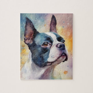 Boston Terrier Digital Watercolor Porträtt Hund 17 Pussel