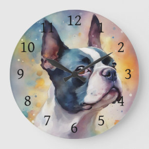 Boston Terrier Digital Watercolor Porträtt Hund 17 Stor Klocka