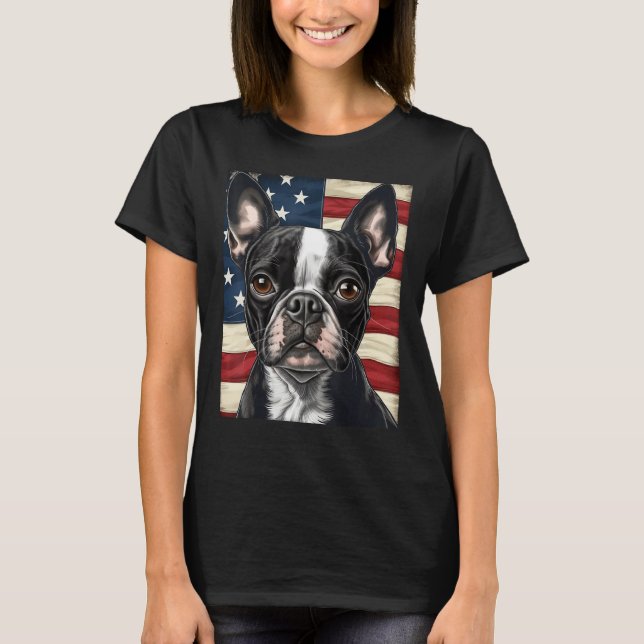 Boston Terrier Dog American Flag 4th of July Patri T Shirt (Framsida)