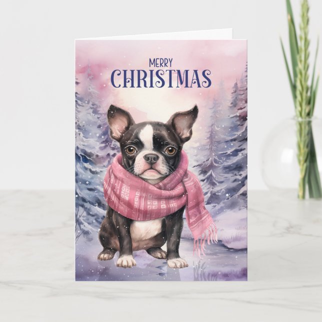Boston Terrier Dog Merry Christmas Pink Forest Helgkort (Framsida)