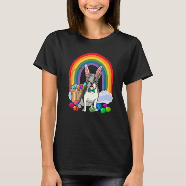 Boston Terrier Dog Mom Easter Eggs Bunny Rabbit T Shirt (Framsida)