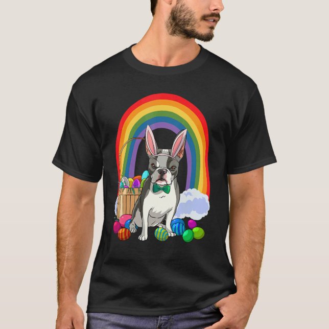 Boston Terrier Dog Mom Easter Eggs Bunny Rabbit T Shirt (Framsida)