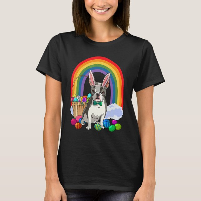 Boston Terrier Dog Mom Easter Eggs Bunny Rabbit T Shirt (Framsida)