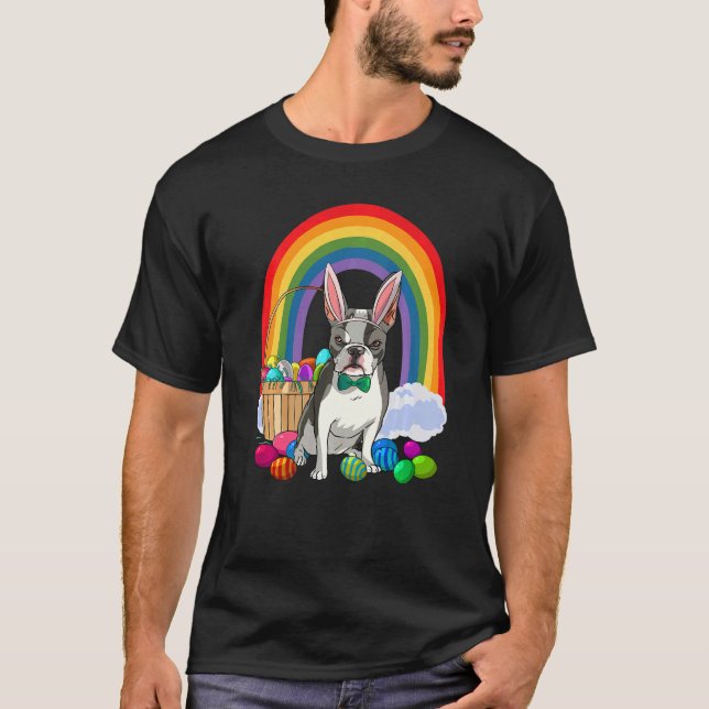 Boston Terrier Dog Mom Easter Eggs Bunny Rabbit T Shirt (Framsida)