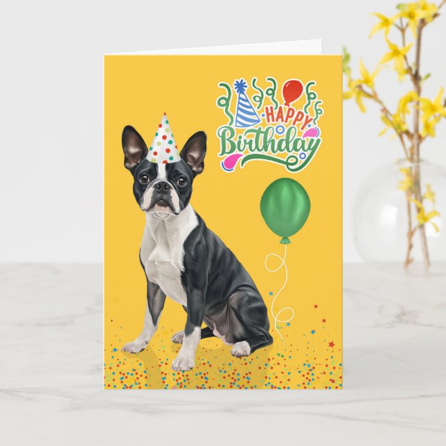 Boston Terrier Dog Party Hat Yellow Birthday Kort (Gul blomma)