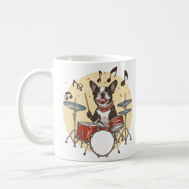 Boston Terrier Dog Playing Drums Kaffemugg (Vänster)