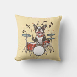 Boston Terrier Dog Playing Drums Kudde