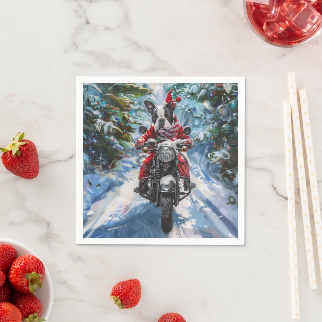 Boston Terrier Dog Riding Motorcycle Christmas Pappersservett (Insitu)