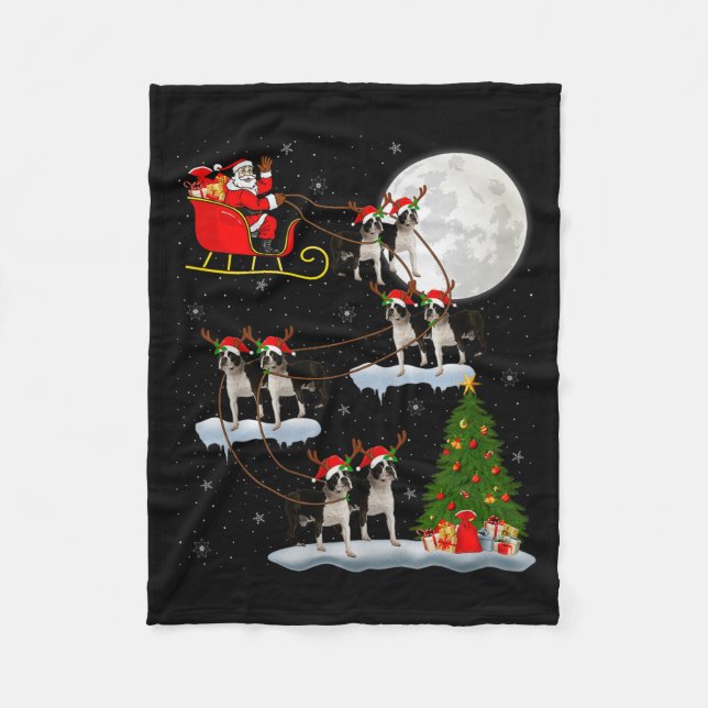 Boston Terrier Dog Santa Sleigh Flying Funny Chris Fleecefilt (Framsidan)
