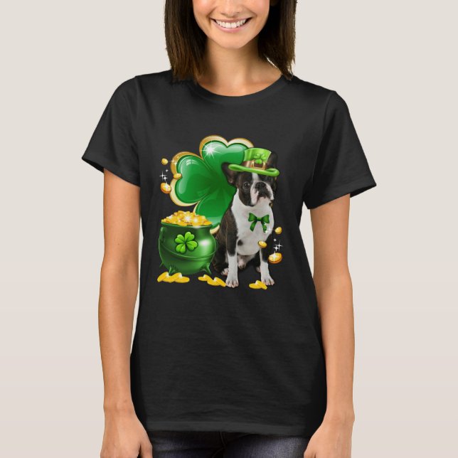 Boston Terrier Dog Shamrock Irish Saint St Patrick T Shirt (Framsida)