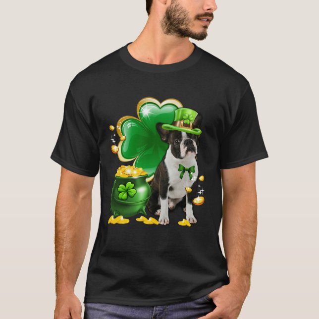 Boston Terrier Dog Shamrock Irish Saint St Patrick T Shirt (Framsida)
