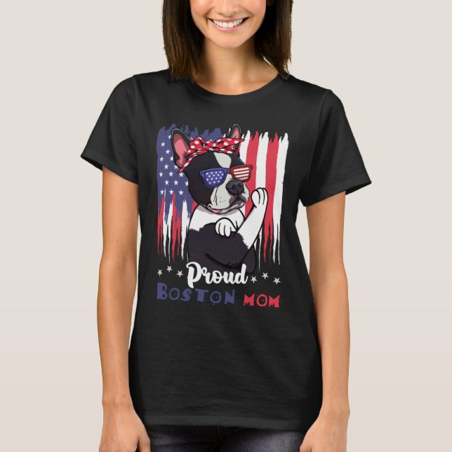 Boston Terrier Dog With Sunglasses American Flag T Shirt (Framsida)