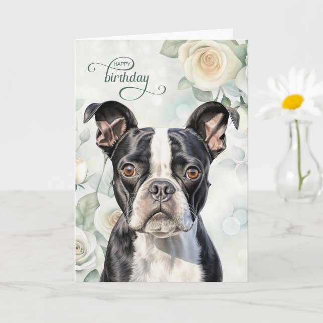 Boston Terrier Dog with White Roses Birthday Kort (Liten växt)