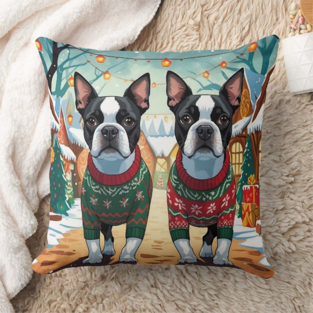 Boston Terrier Dogs Christmas Snow Holiday Kudde (Filt)
