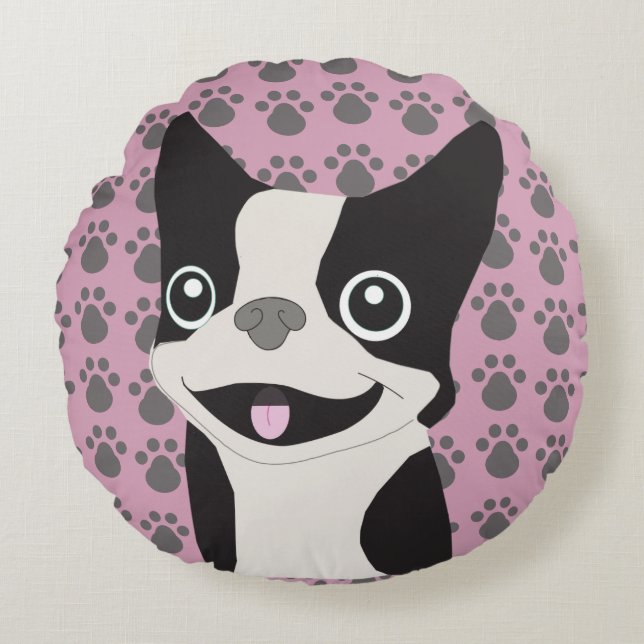 Boston Terrier, Dusty Pink Rund Kudde (Framsidan)