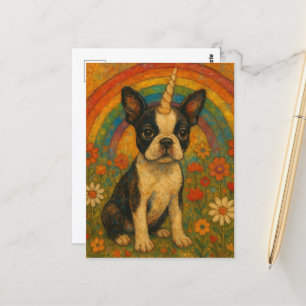 Boston Terrier Enhörning Valp och en Regnbåge Vykort