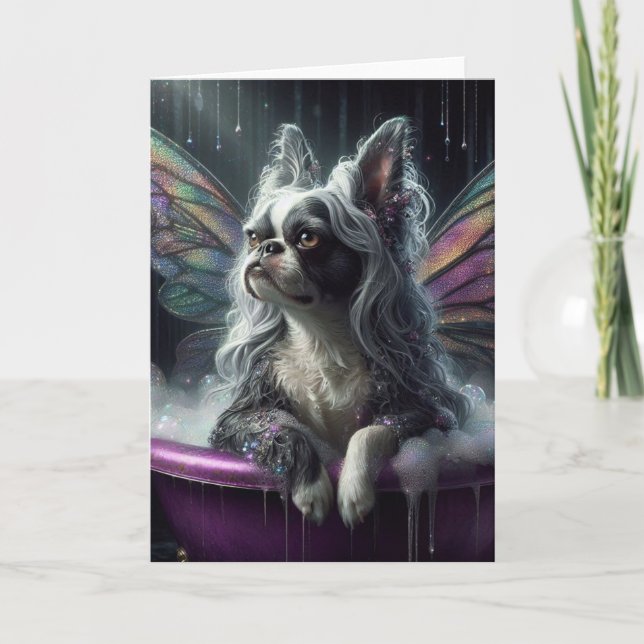 Boston Terrier Fairy Grått Wig i Lila Bathtub Kort (Framsida)