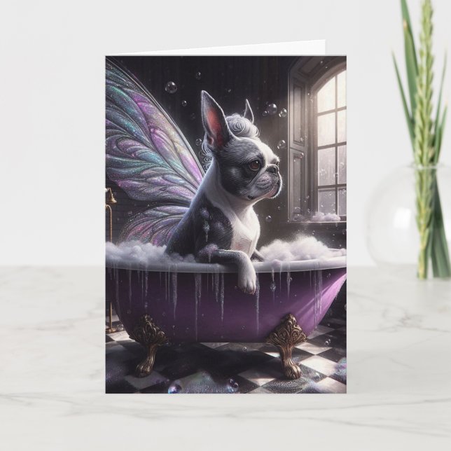 Boston Terrier Fairy i Lila Bathtub Kort (Framsida)