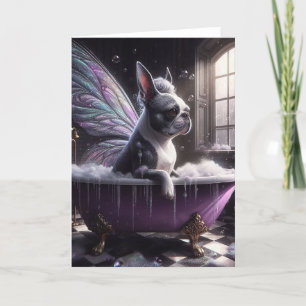 Boston Terrier Fairy i Lila Bathtub Kort
