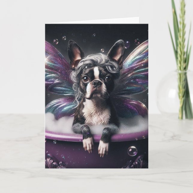 Boston Terrier Fairy i Lila Bathtub Kort (Framsida)