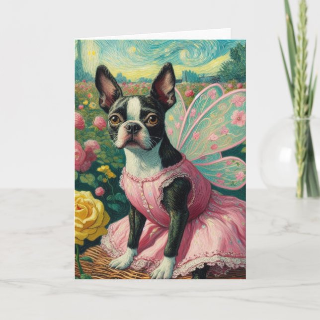 Boston Terrier Fairy i Ro Garden Van Gogh Kort (Framsida)