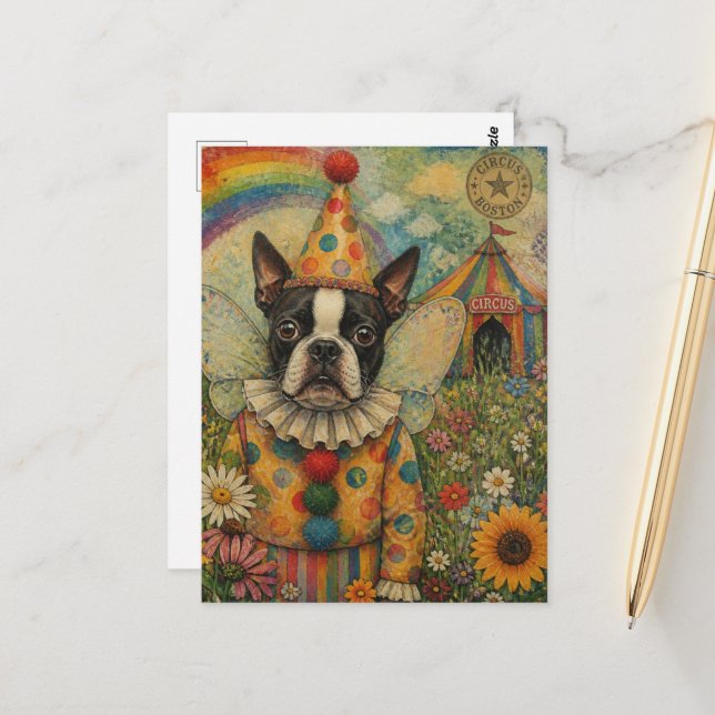 Boston Terrier Fe Clown Färgglad Cirkus  Vykort (Fram/Back In Situ)
