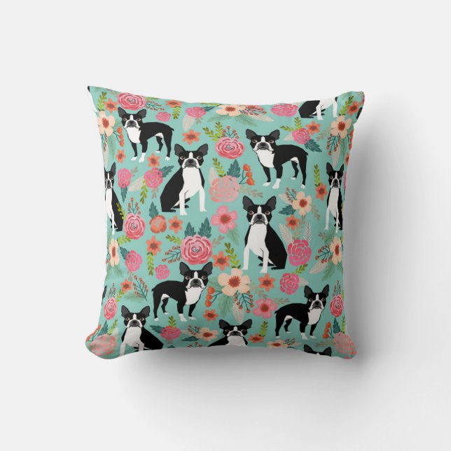 Boston Terrier flickig vintage blommönster - söt Kudde (Framsida)