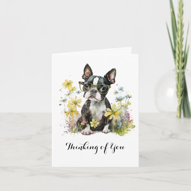 Boston Terrier Flowers Glasses Thinking You Kort (Framsida)