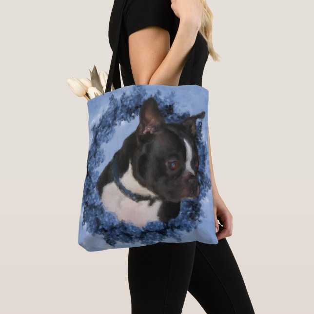 Boston Terrier Flowers Hund Art Photo Painting Tygkasse (Närbild)