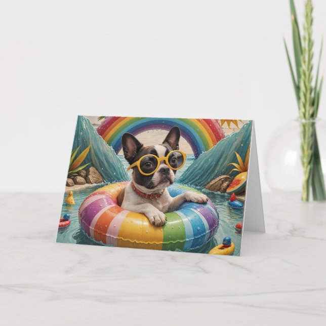 Boston Terrier Flytande på sommardag Kort (Framsida)