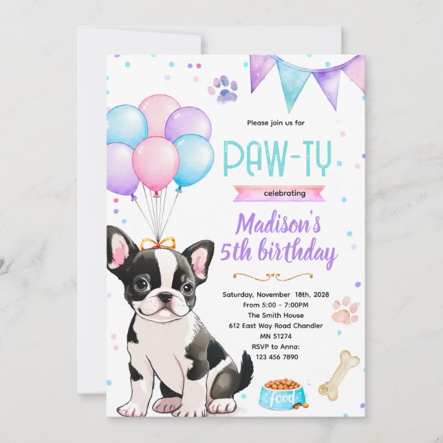Boston Terrier girl theme invitation Inbjudningar (Framsida)