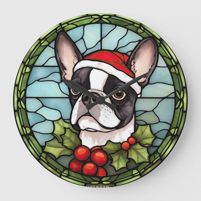 Boston Terrier Glasmålning Jul Stor Klocka (Framsida)