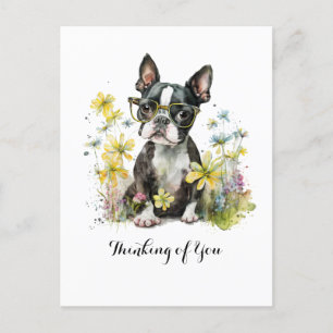 Boston Terrier Glasses Blommigt Thinking of You Vykort