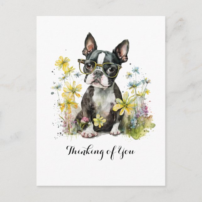 Boston Terrier Glasses Blommigt Thinking of You Vykort (Framsida)
