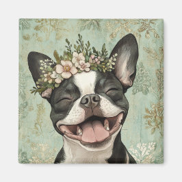 Boston Terrier Grönt Blommigt Kitchen Magnet