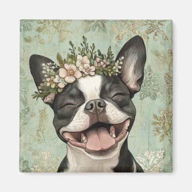 Boston Terrier Grönt Blommigt Kitchen Magnet (Framsidan)
