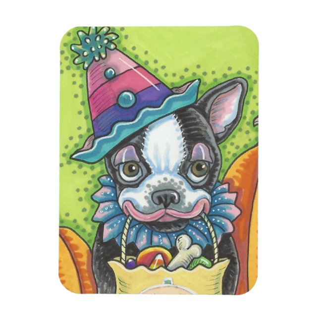 BOSTON TERRIER HALLOWEEN CLOWN, CUTE HUND MAGNET (Vertikal)