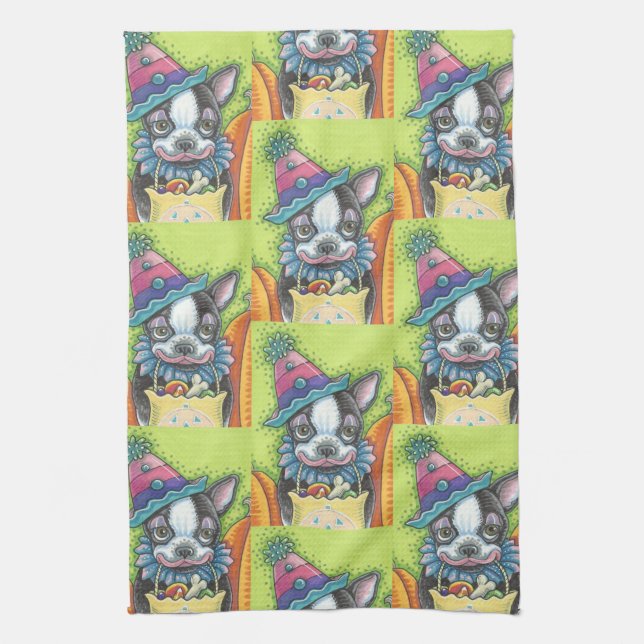 BOSTON TERRIER HALLOWEEN CLOWN, HUND KITCHEN TOWEL KÖKSHANDDUK (Vertikal)