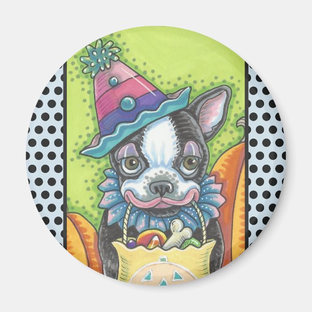 BOSTON TERRIER HALLOWEEN CLOWN, HUND MAGNET Round (Framsidan)